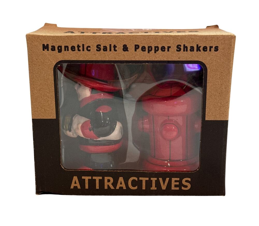Attractives Magnetic Firefighter Holding Fire Hose & Hydrant Salt Pepper Shakers